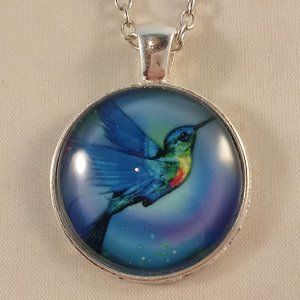 Silver Blue Mystical Illuminated Hummingbird Cabochon Pendant Necklace 20" Gift